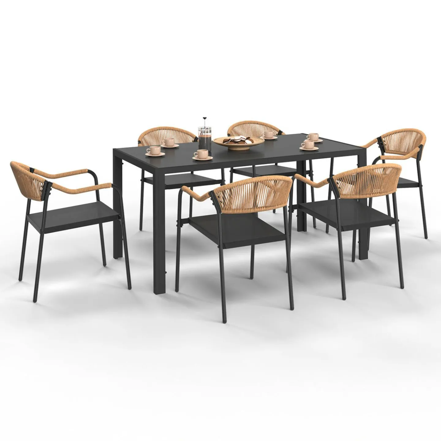 Salon de jardin 6 personnes avec chaises noir et rotin clair*IDMarket Clearance