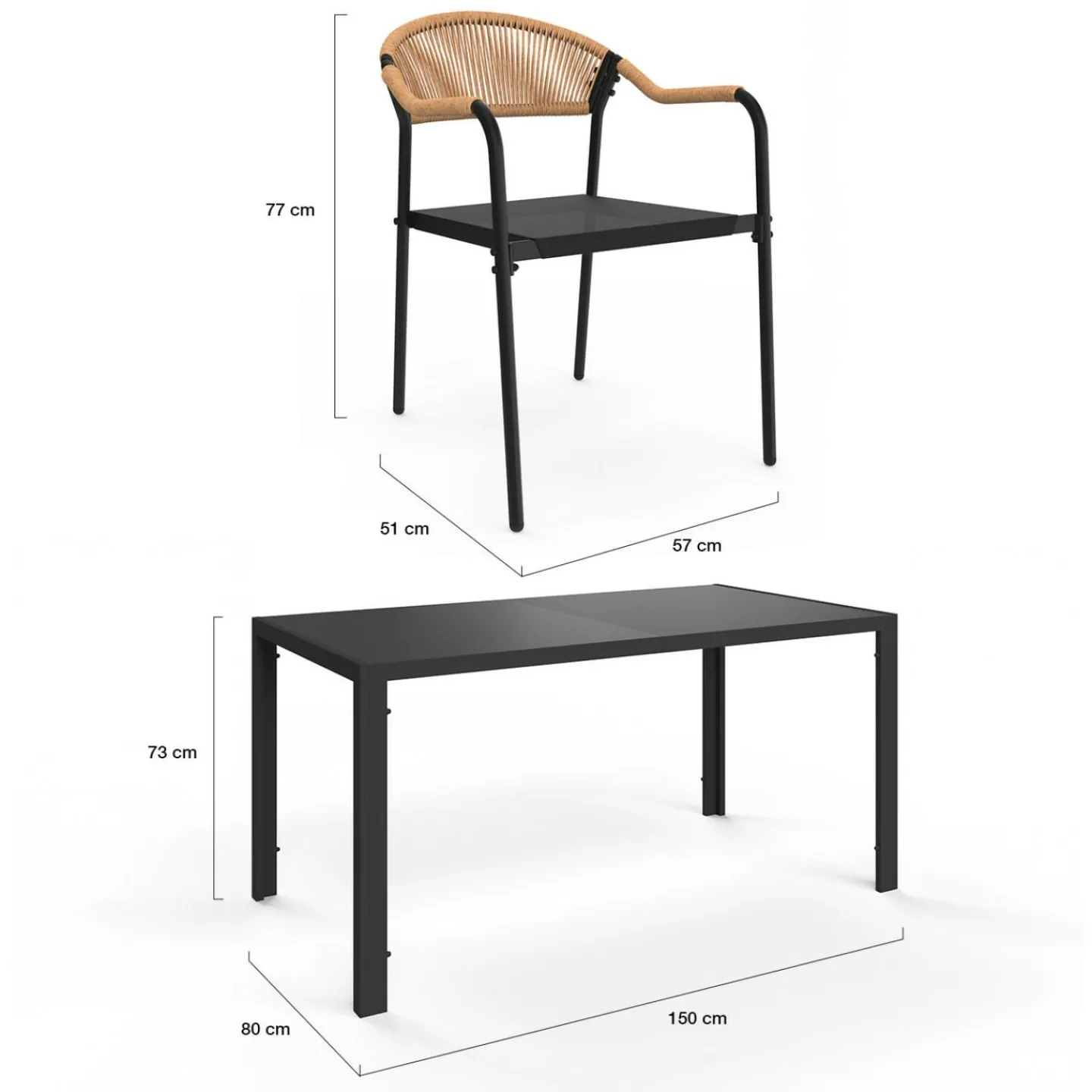 Salon de jardin 6 personnes avec chaises noir et rotin clair*IDMarket Clearance