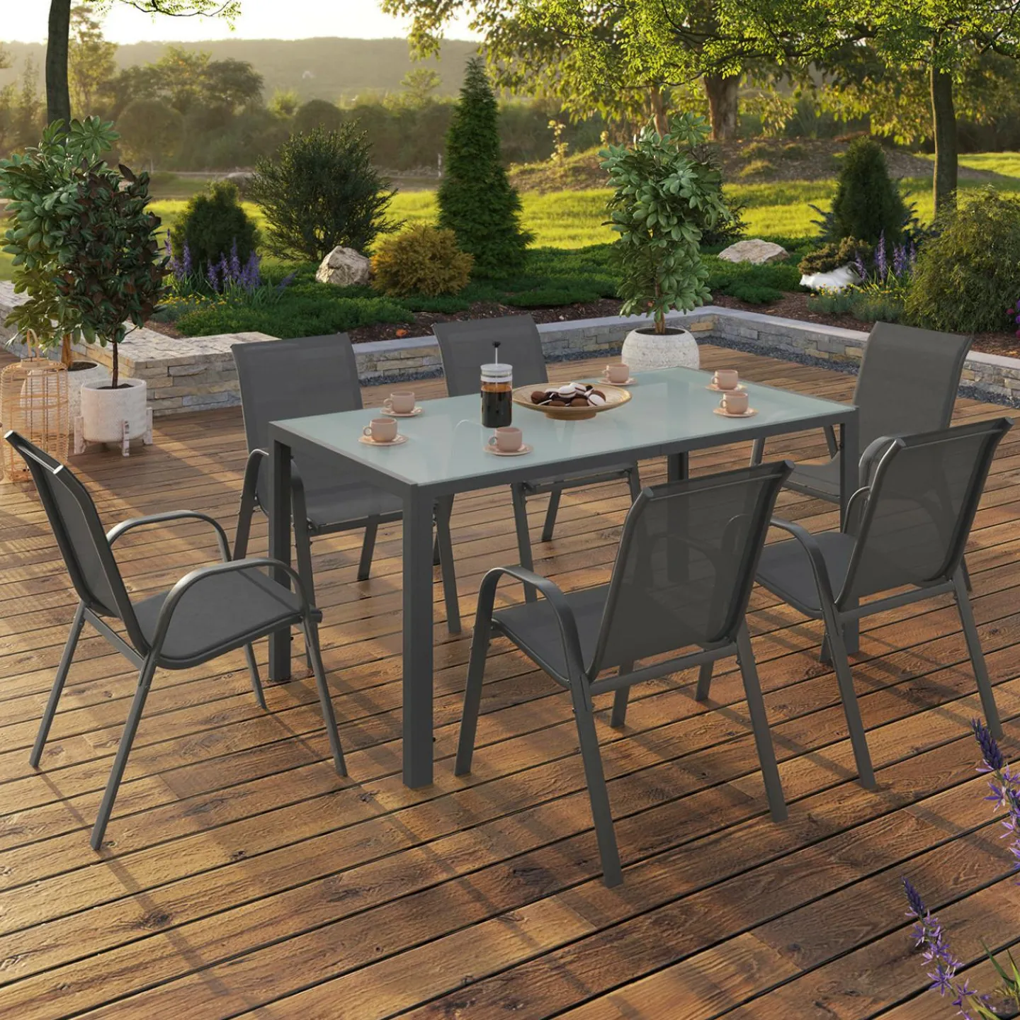 Salon de jardin 6 personnes chaises empilables gris anthracite table 150 cm*IDMarket Discount