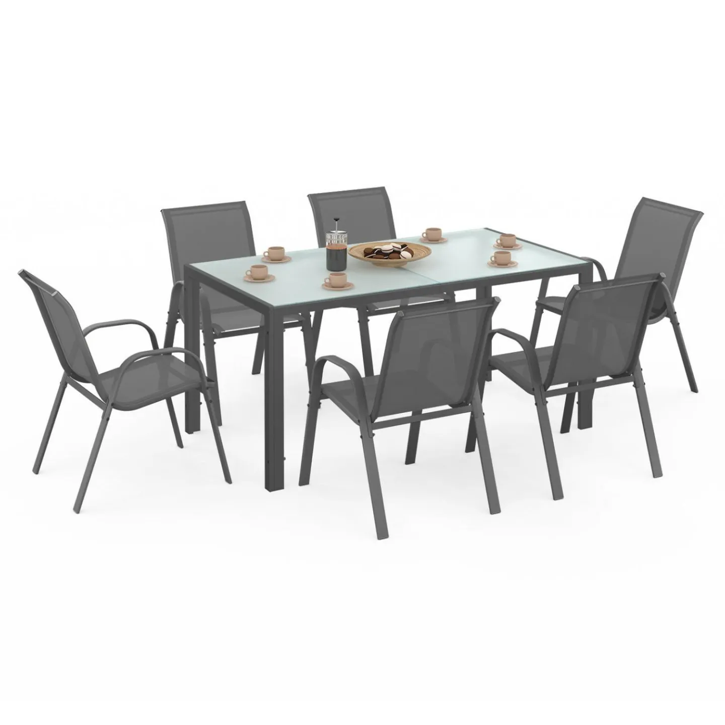 Salon de jardin 6 personnes chaises empilables gris anthracite table 150 cm*IDMarket Discount