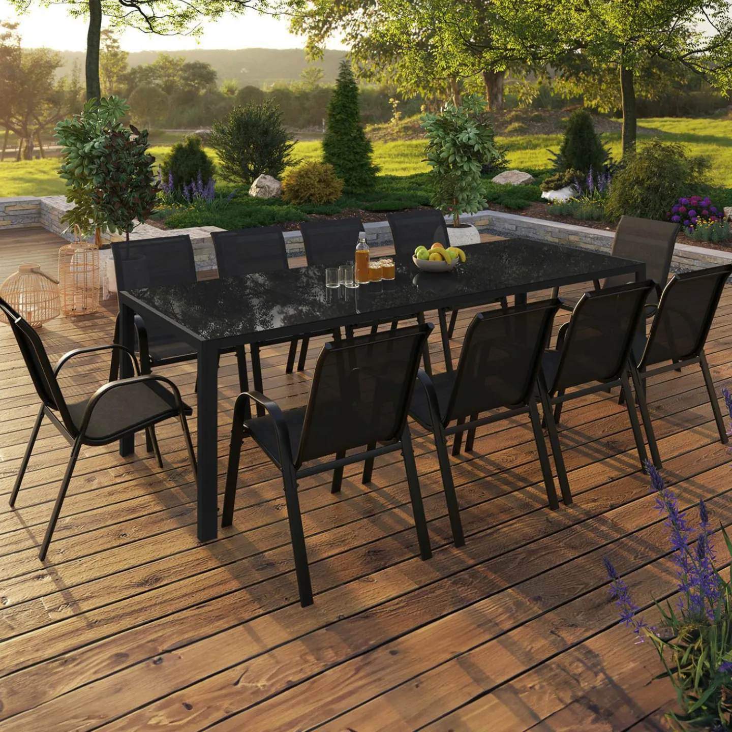 Salon de jardin 10 personnes table 240 cm et chaises empilables noires*IDMarket Best