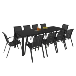 Salon de jardin 10 personnes table 240 cm et chaises empilables noires*IDMarket Best