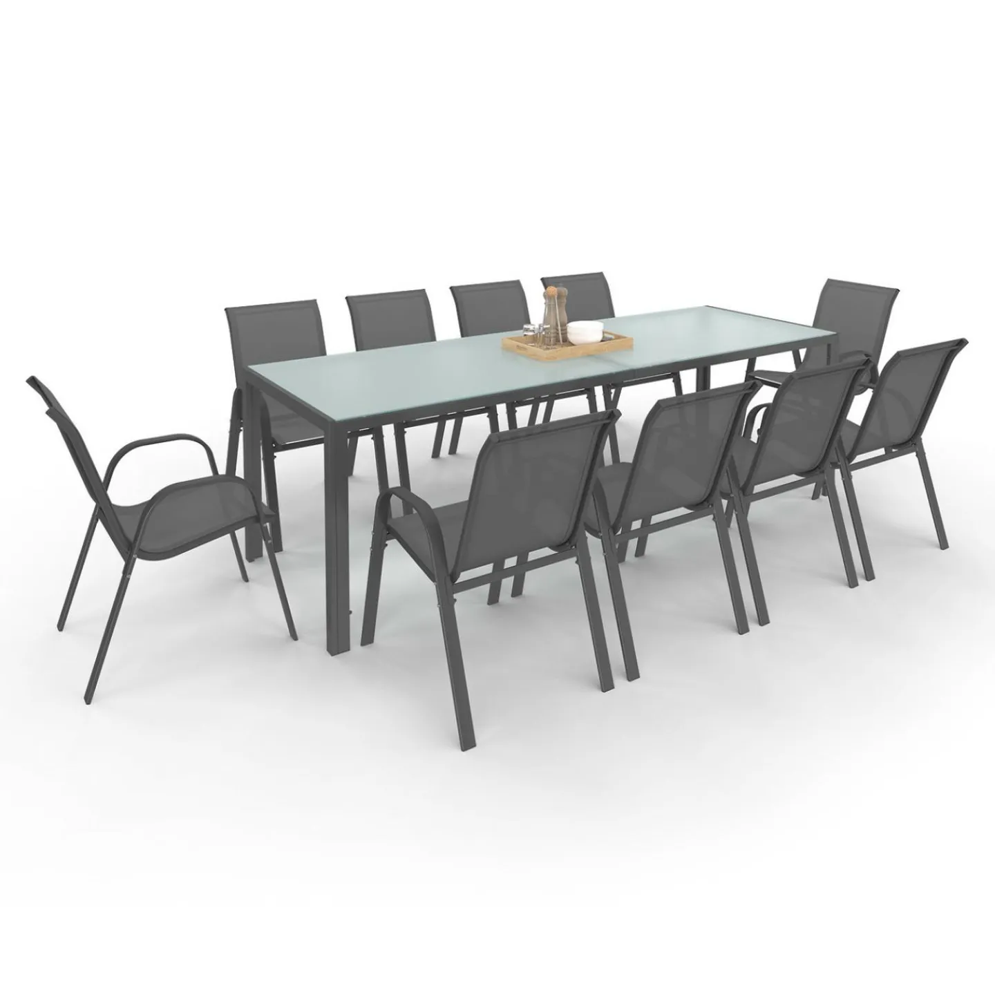 Salon de jardin 10 personnes table 240 cm plateau clair et chaises empilables gris anthracite*IDMarket