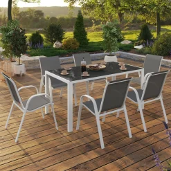 Salon de jardin 6 places avec table en verre trempé et chaises empilables*IDMarket