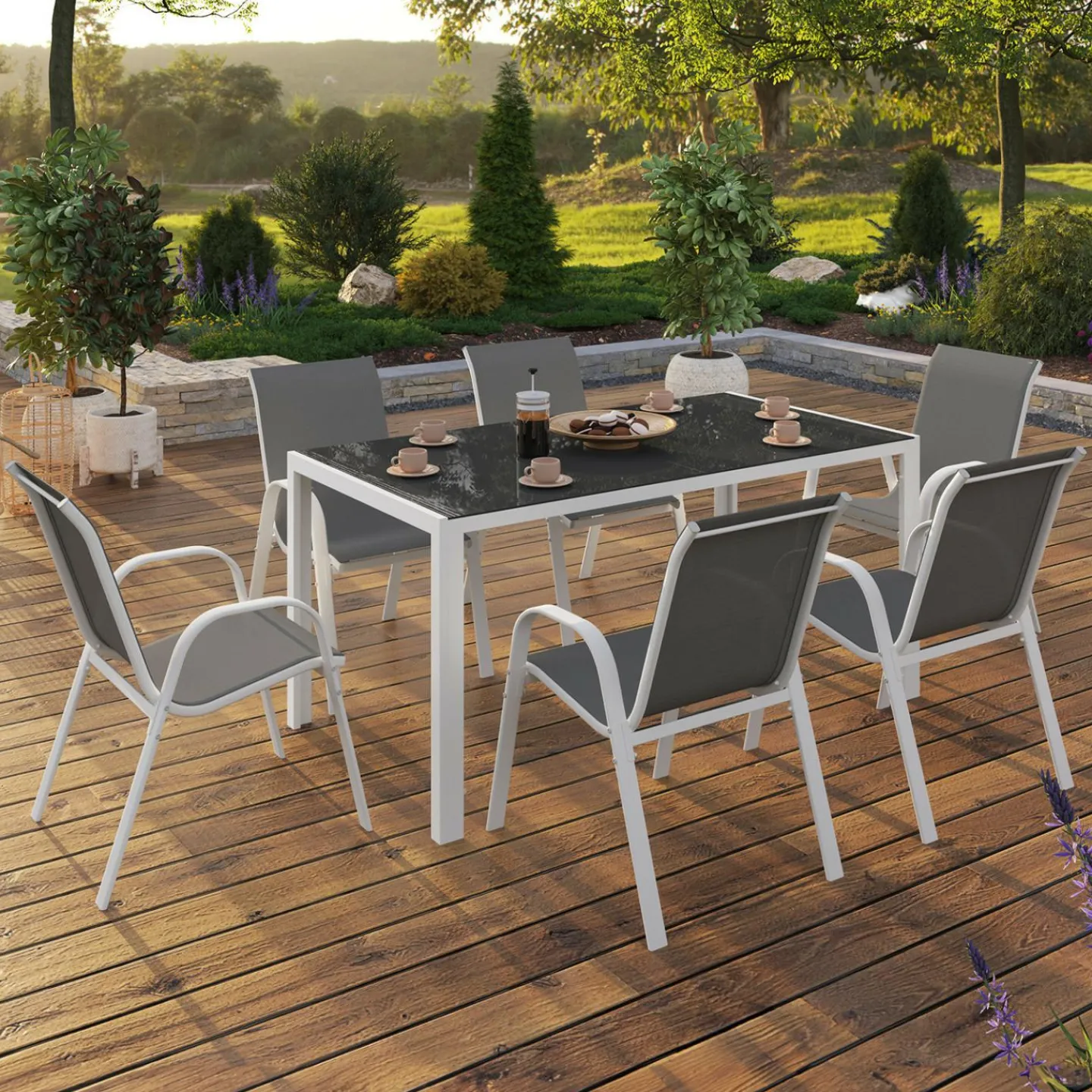 Salon de jardin 6 places avec table en verre trempé et chaises empilables*IDMarket