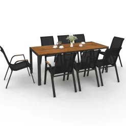 Salon de jardin avec plateau effet bois et chaises empilables noir et bois*IDMarket Hot