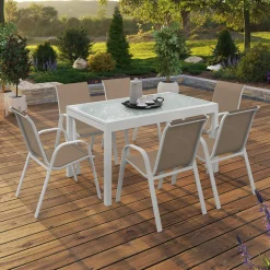 Salon de jardin avec table extensible 135-270 cm et 12 chaises empilables blanc et beige*IDMarket Online