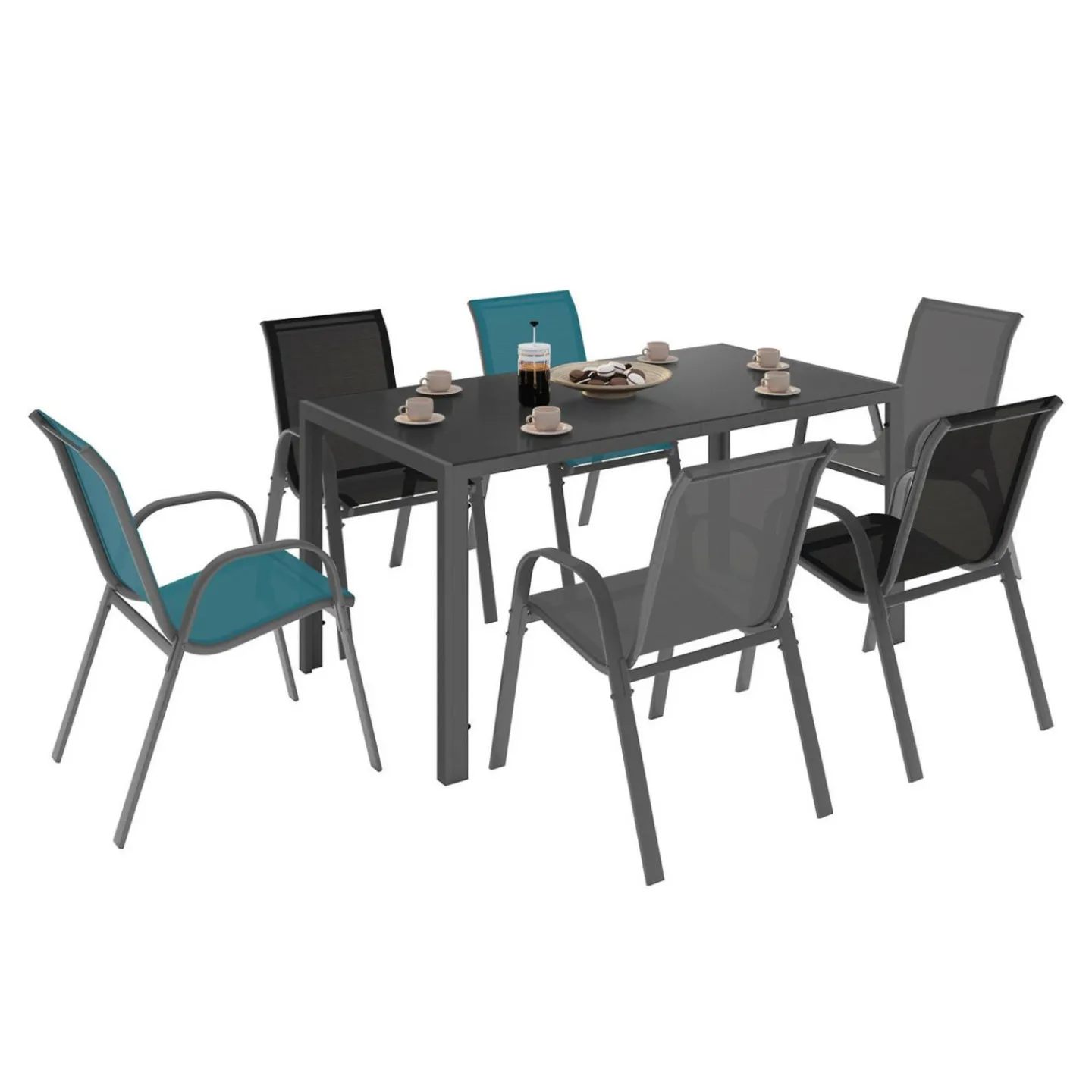 Salon de jardin avec table 150 cm et 6 chaises empilables mix color et acier*IDMarket