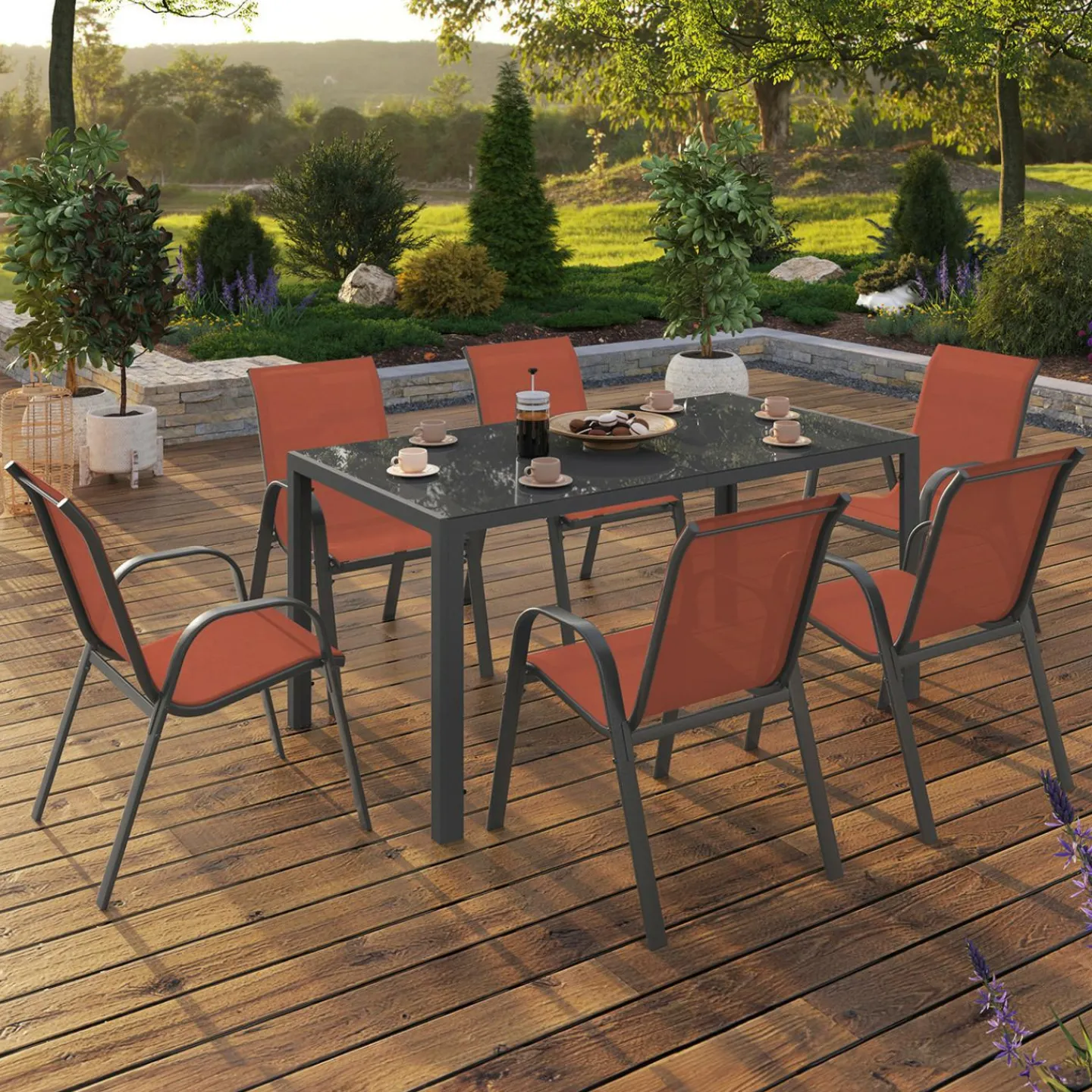 Salon de jardin avec table 150 cm et 6 chaises empilables terracotta et acier*IDMarket Online