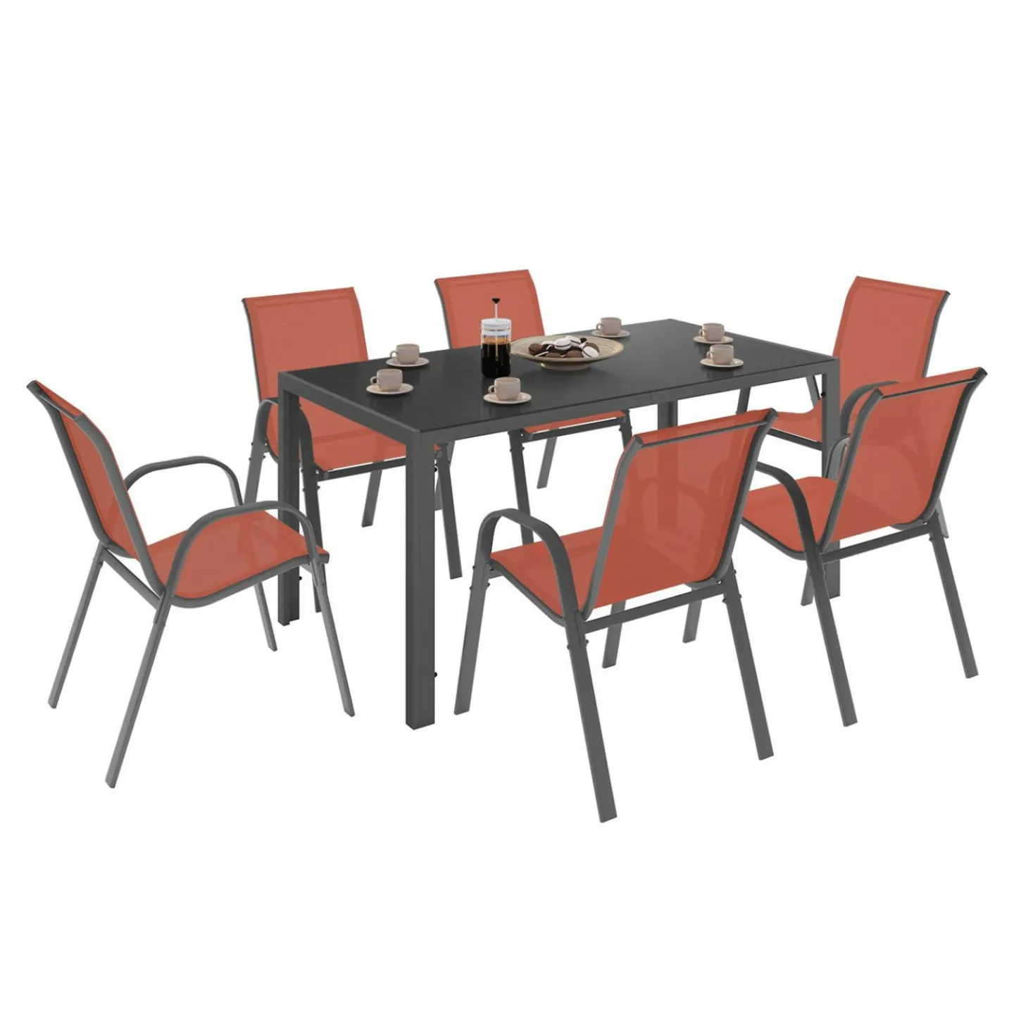 Salon de jardin avec table 150 cm et 6 chaises empilables terracotta et acier*IDMarket Online