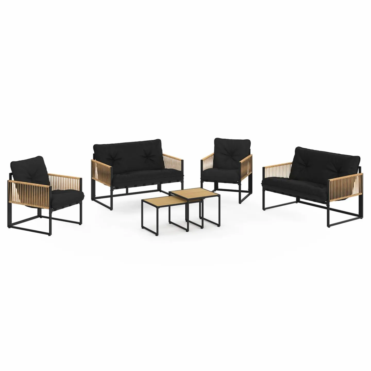 Salon de jardin bas 6 personnes canapés et fauteuils noir et cordage effet rotin clair avec tables basses*IDMarket Clearance