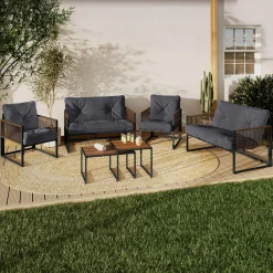 Salon de jardin bas 6 personnes canapés et fauteuils gris anthracite et cordage effet rotin avec tables basses*IDMarket Outlet