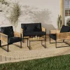 Salon de jardin bas 4 places acier noir, cordage rotin clair et coussins noir*IDMarket Discount
