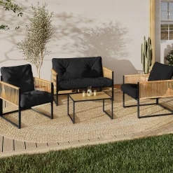 Salon de jardin bas 4 places acier noir, cordage rotin clair et coussins noir*IDMarket Discount