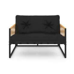 Salon de jardin bas 4 places acier noir, cordage rotin clair et coussins noir*IDMarket Discount