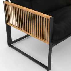 Salon de jardin bas 4 places acier noir, cordage rotin clair et coussins noir*IDMarket Discount