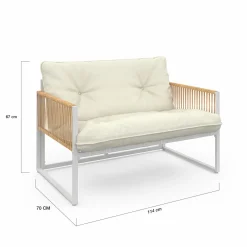 Salon de jardin bas 4 places acier blanc, cordage rotin clair et coussins beige*IDMarket