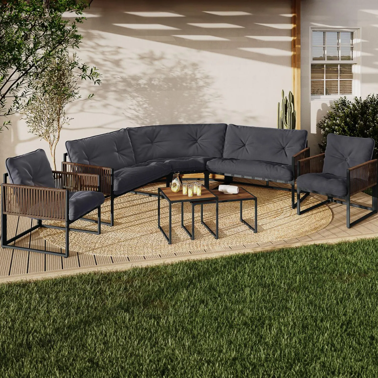 Salon de jardin bas 8 places canapé d'angle, fauteuils avec coussin gris et 2 tables basses*IDMarket New