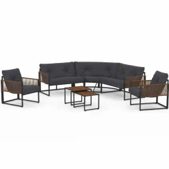 Salon de jardin bas 8 places canapé d'angle, fauteuils avec coussin gris et 2 tables basses*IDMarket New