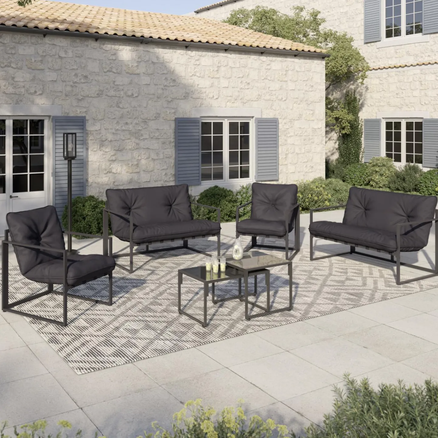 Salon de jardin bas 6 places en acier coloris gris anthracite*IDMarket Hot