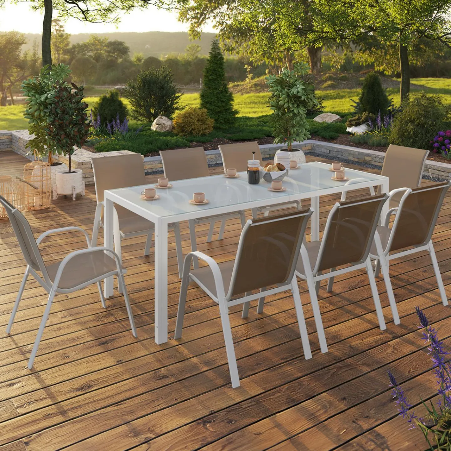Salon de jardin blanc et beige table 190 cm et 8 chaises empilables*IDMarket Best