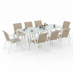 Salon de jardin blanc et beige table 190 cm et 8 chaises empilables*IDMarket Best