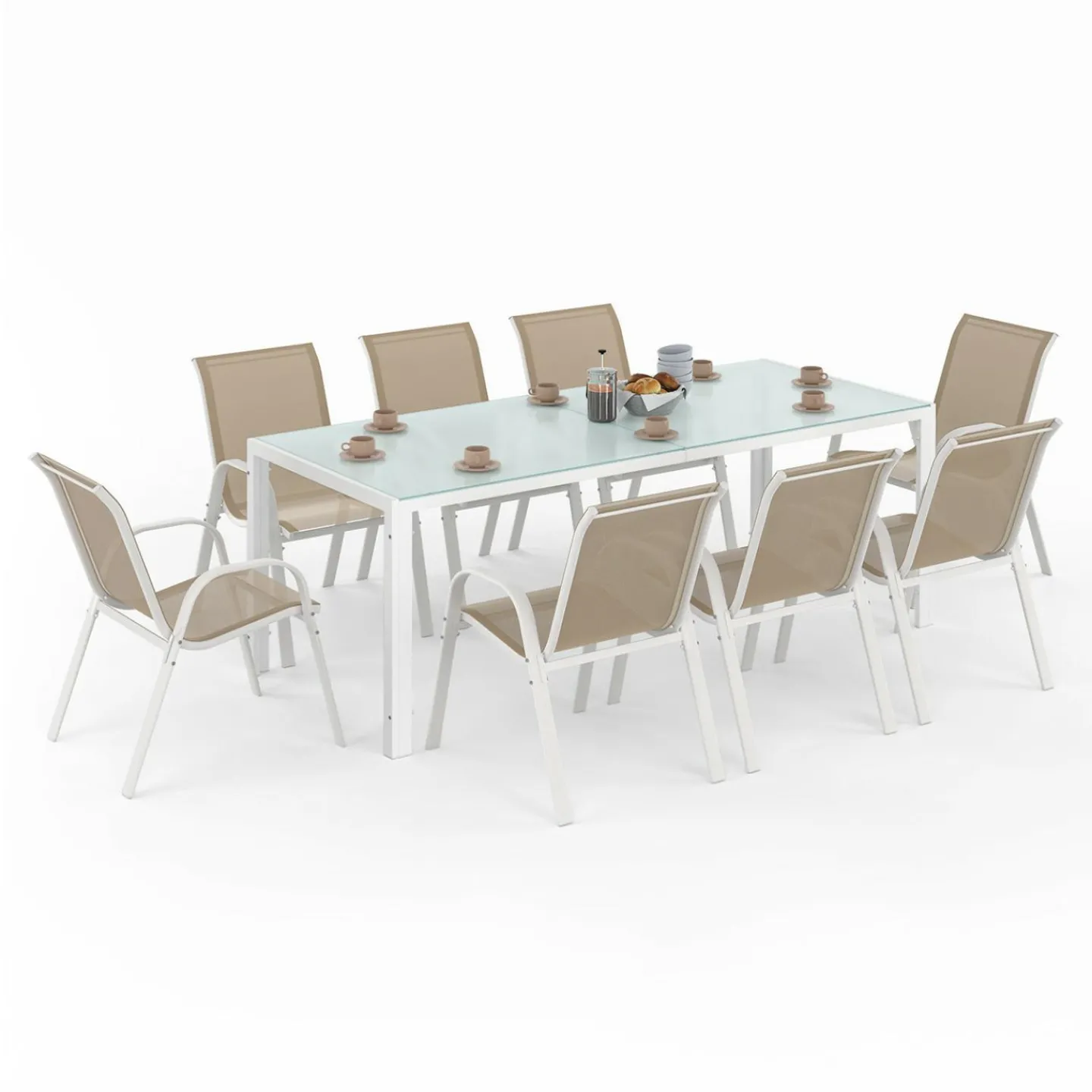 Salon de jardin blanc et beige table 190 cm et 8 chaises empilables*IDMarket Best