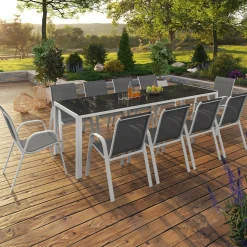 Salon de jardin blanc et gris avec chaises empilables*IDMarket
