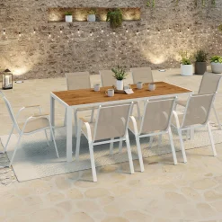 Salon de jardin bois et blanc avec table 190 cm et 8 chaises empilables*IDMarket