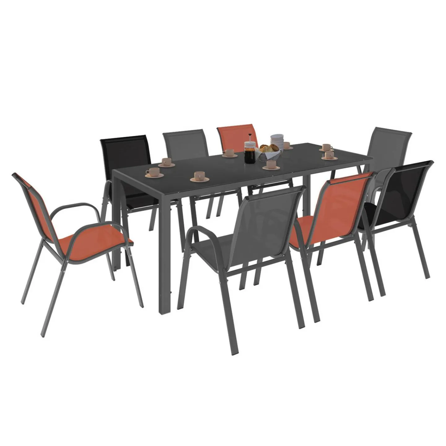 Salon de jardin 8 chaises empilables mix color gris, noir et terracotta et table 190 cm*IDMarket Clearance