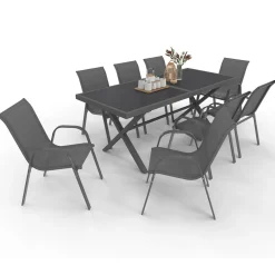 Salon de jardin et chaises empilables gris anthracite*IDMarket