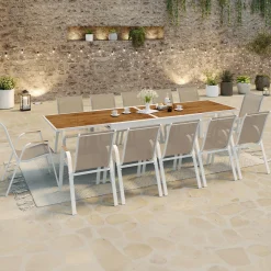 Salon de jardin extensible 12 personnes table 135/270 cm plateau effet bois et chaises empilables blanc et bois*IDMarket Online
