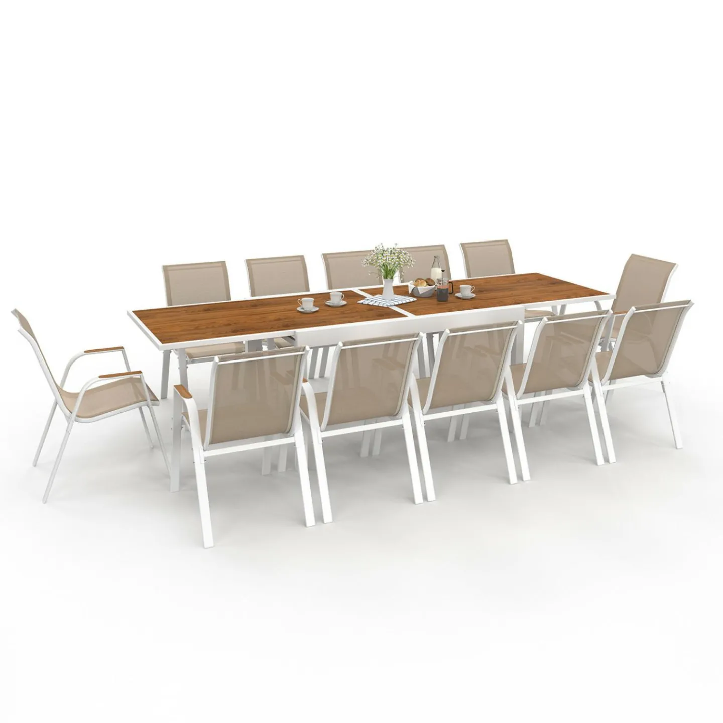 Salon de jardin extensible 12 personnes table 135/270 cm plateau effet bois et chaises empilables blanc et bois*IDMarket Online