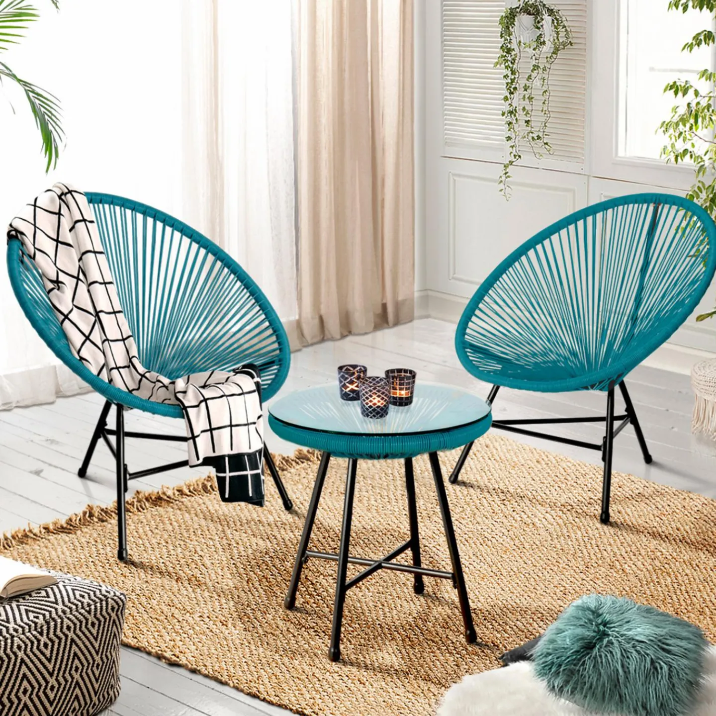 Salon de jardin fil plastique bleu*IDMarket