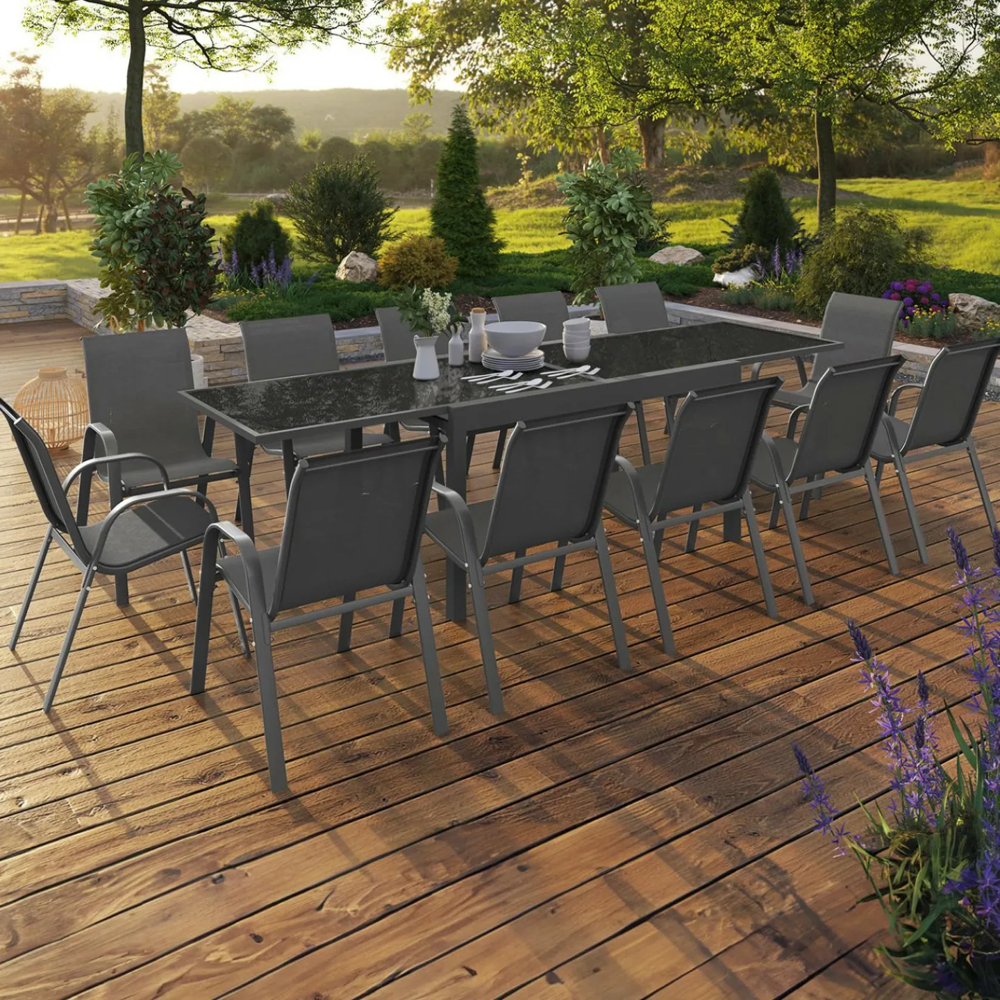 Salon de jardin gris anthracite avec table extensible et 12 chaises*IDMarket New