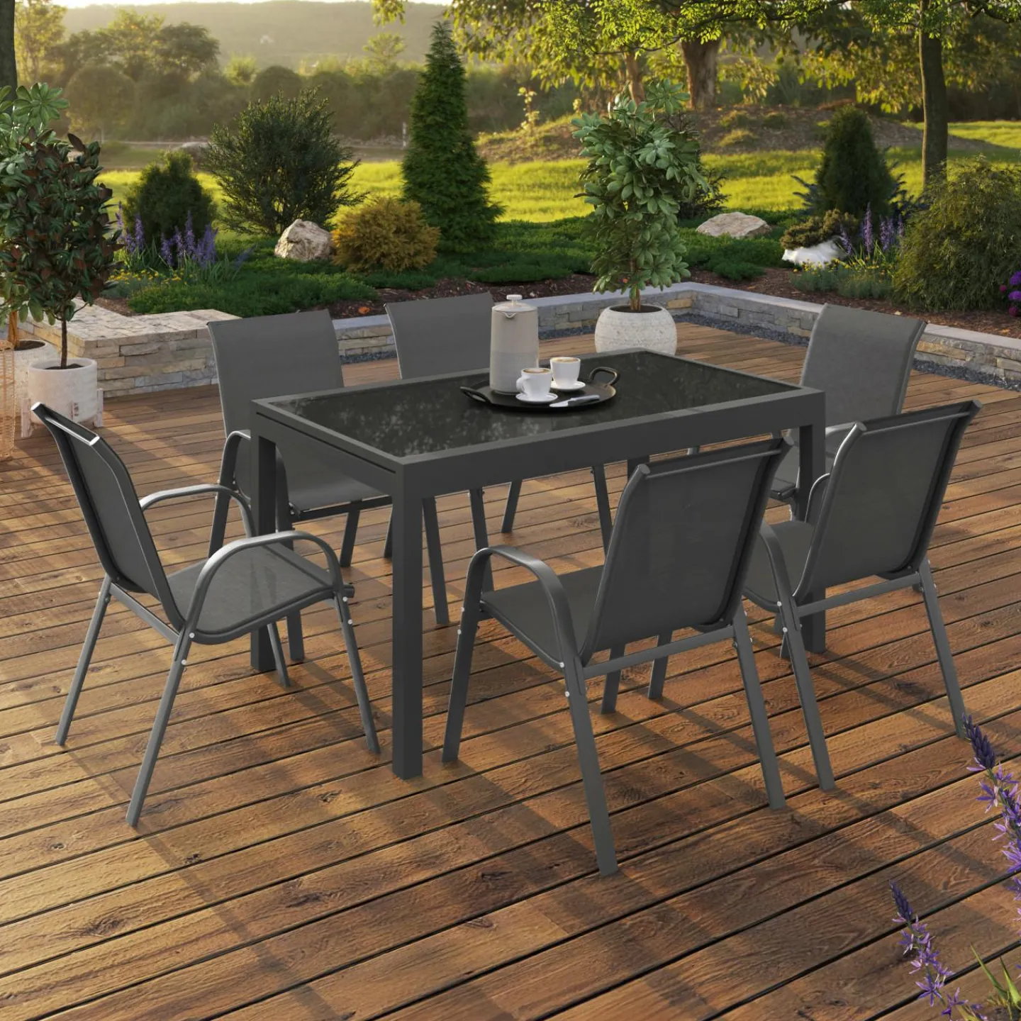 Salon de jardin gris anthracite avec table extensible et 12 chaises*IDMarket New