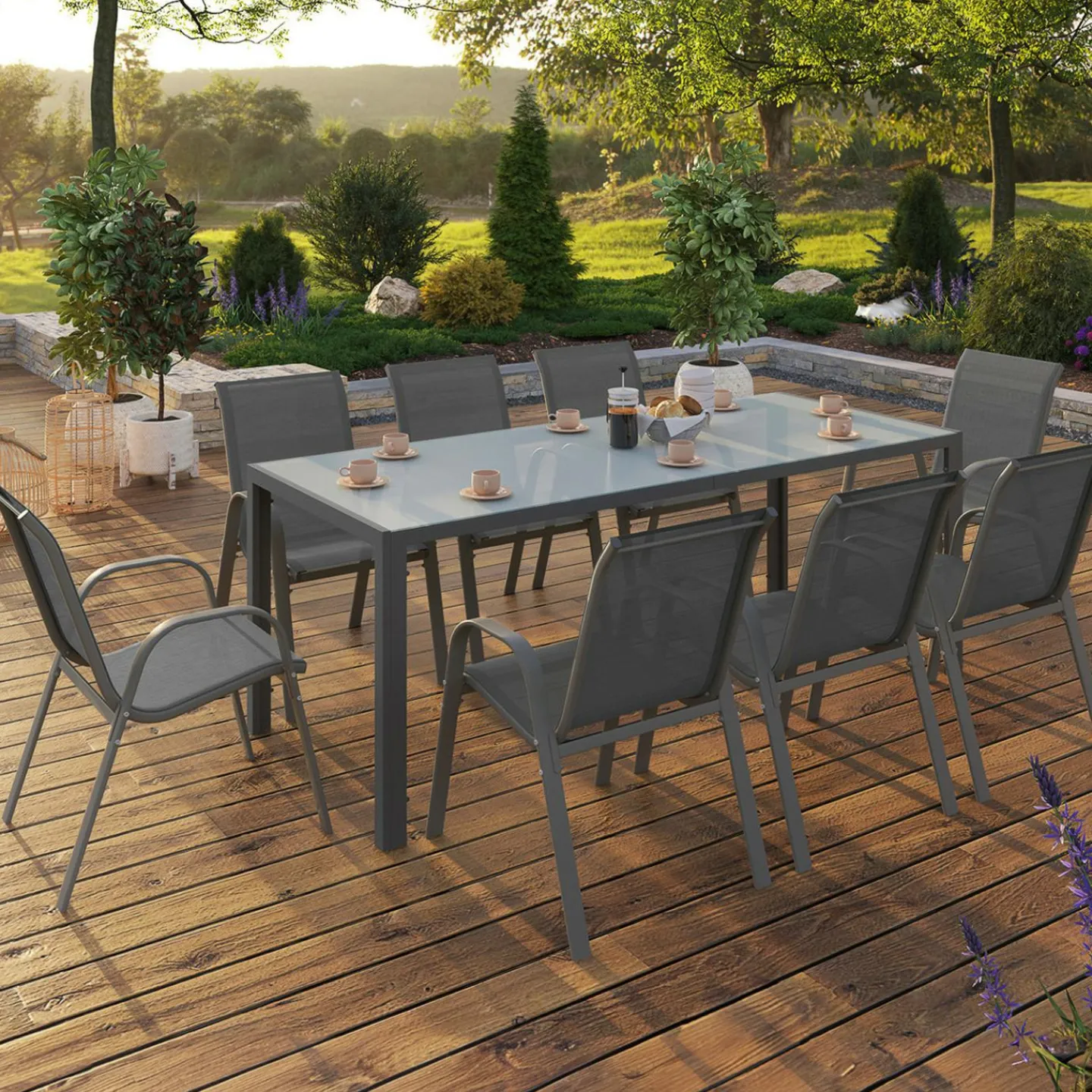 Salon de jardin gris anthracite table 190 cm et 8 chaises empilables*IDMarket Best