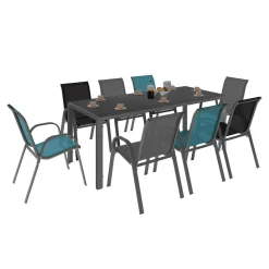 Salon de jardin mix color bleu, gris et noir table 190 cm et 8 chaises empilables*IDMarket