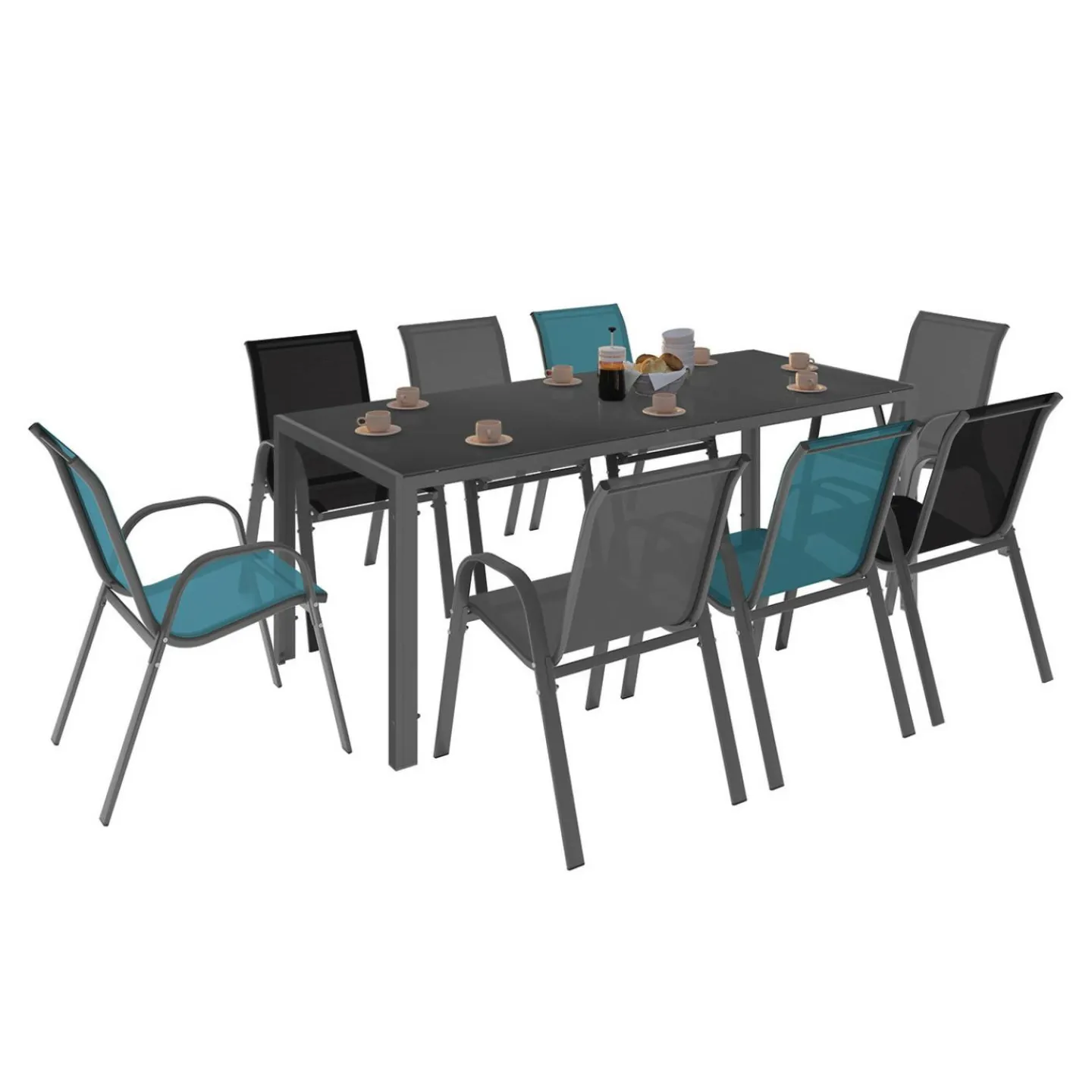 Salon de jardin mix color bleu, gris et noir table 190 cm et 8 chaises empilables*IDMarket