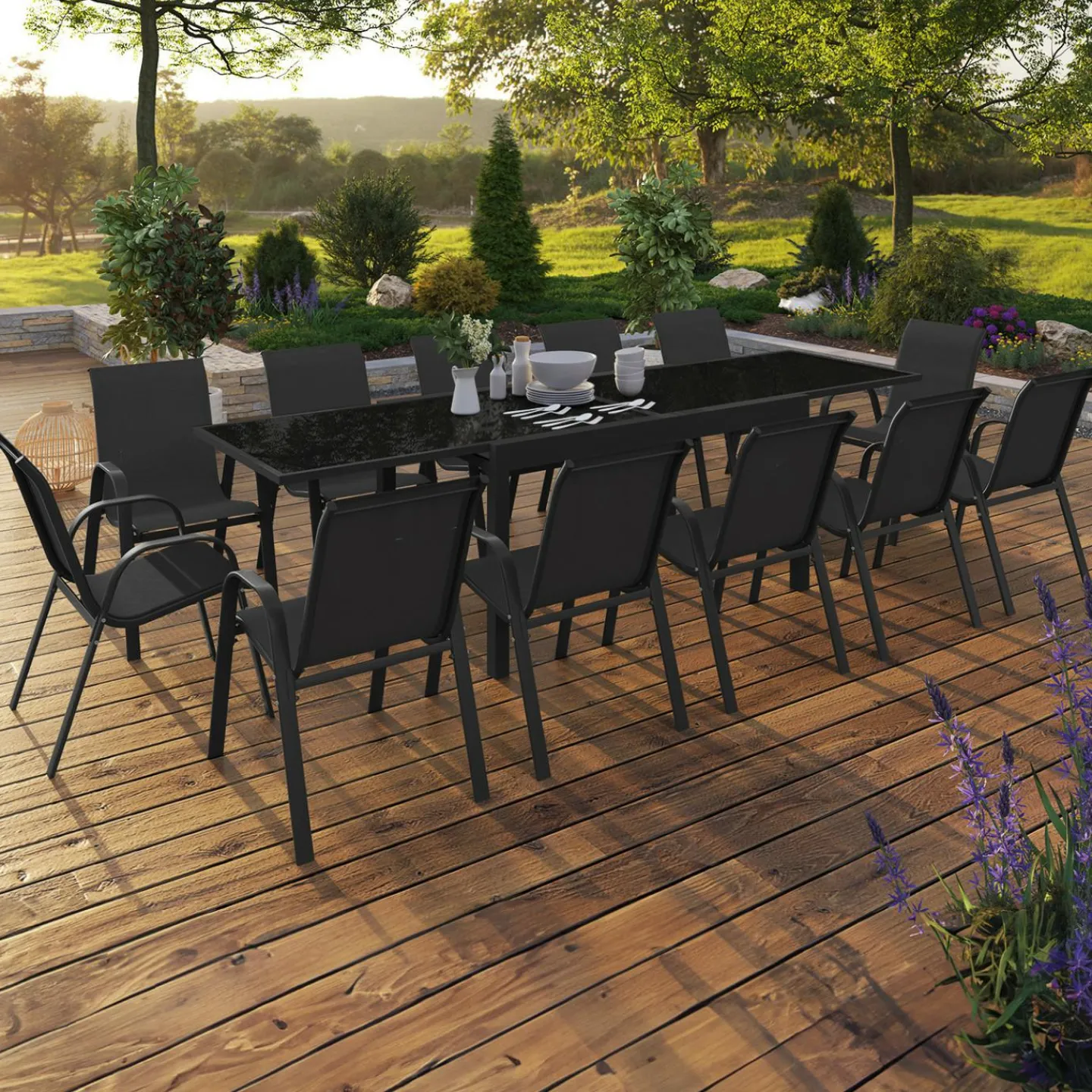 Salon de jardin noir avec table extensible et 12 chaises empilables*IDMarket