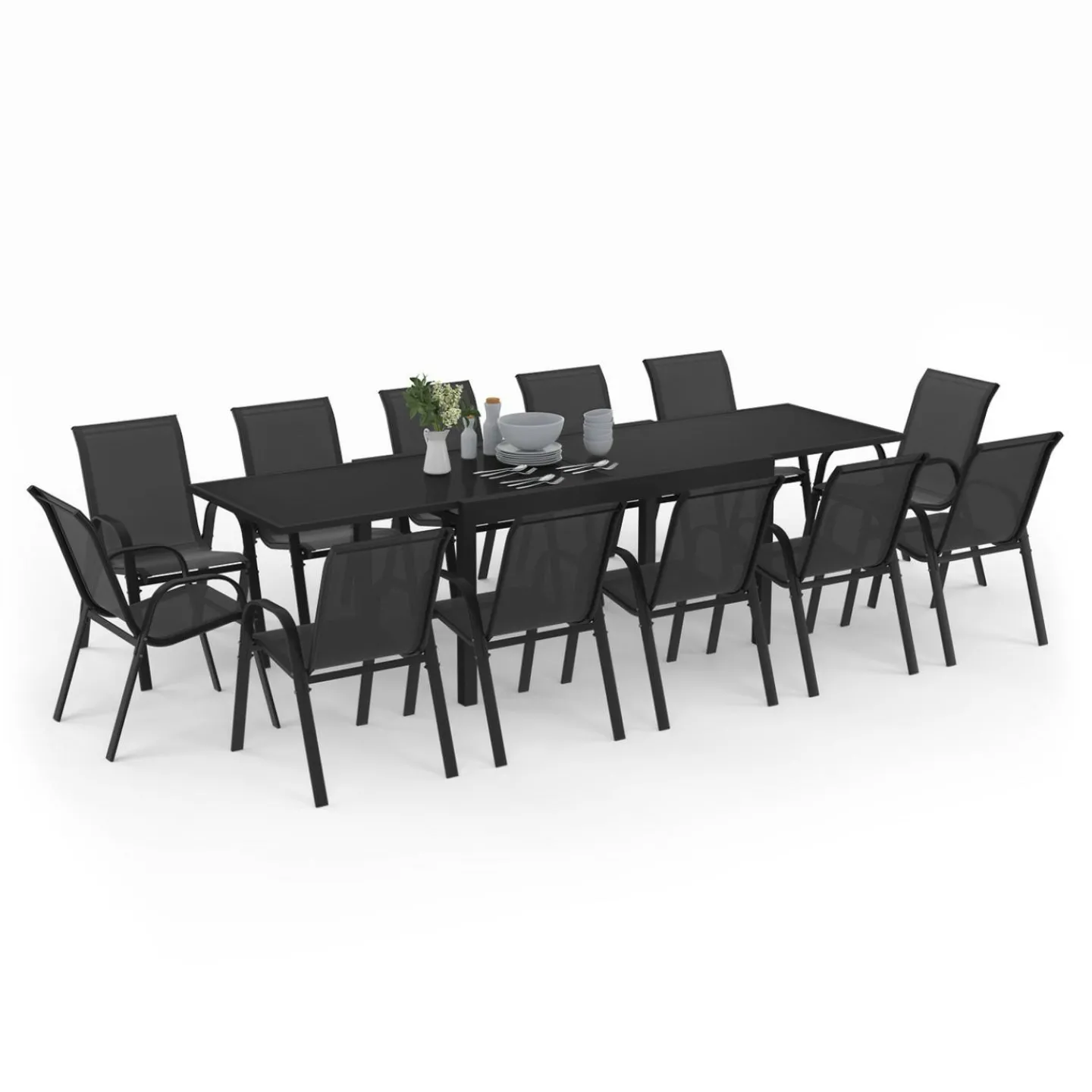 Salon de jardin noir avec table extensible et 12 chaises empilables*IDMarket