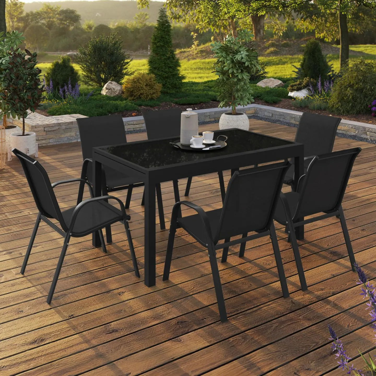 Salon de jardin noir avec table extensible et 12 chaises empilables*IDMarket