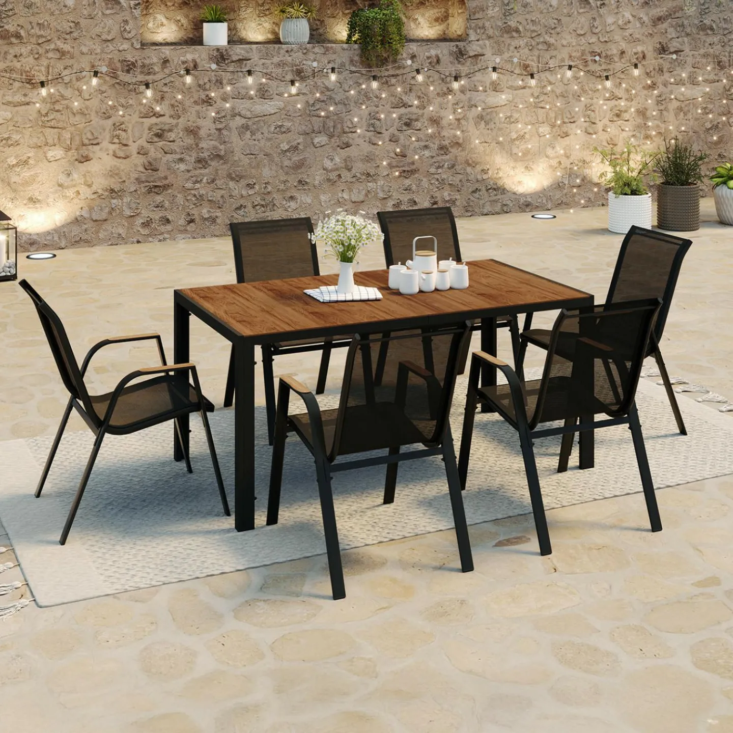 Salon de jardin noir et bois avec table 150 cm plateau verre trempé effet bois et 6 chaises empilables*IDMarket Hot
