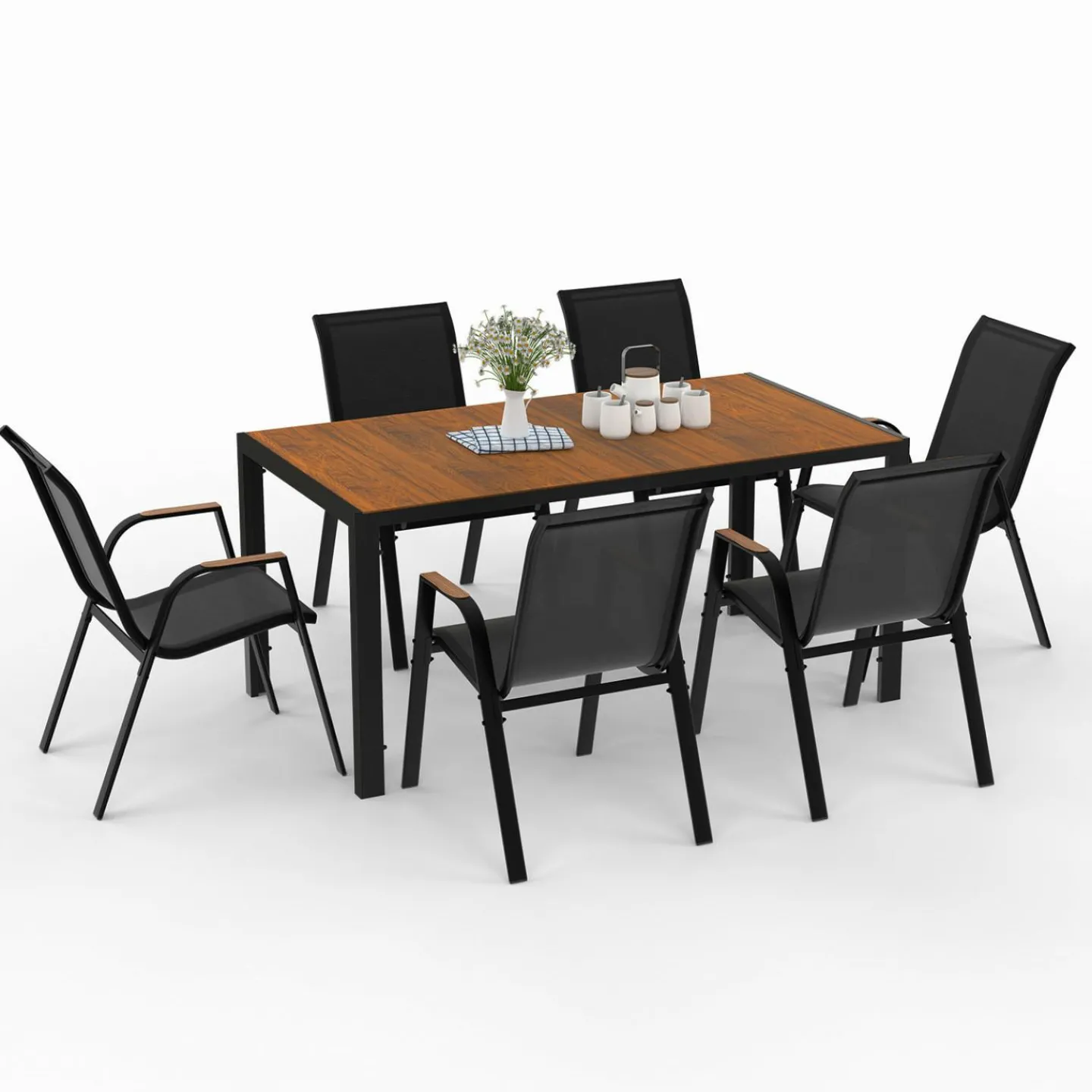 Salon de jardin noir et bois avec table 150 cm plateau verre trempé effet bois et 6 chaises empilables*IDMarket Hot