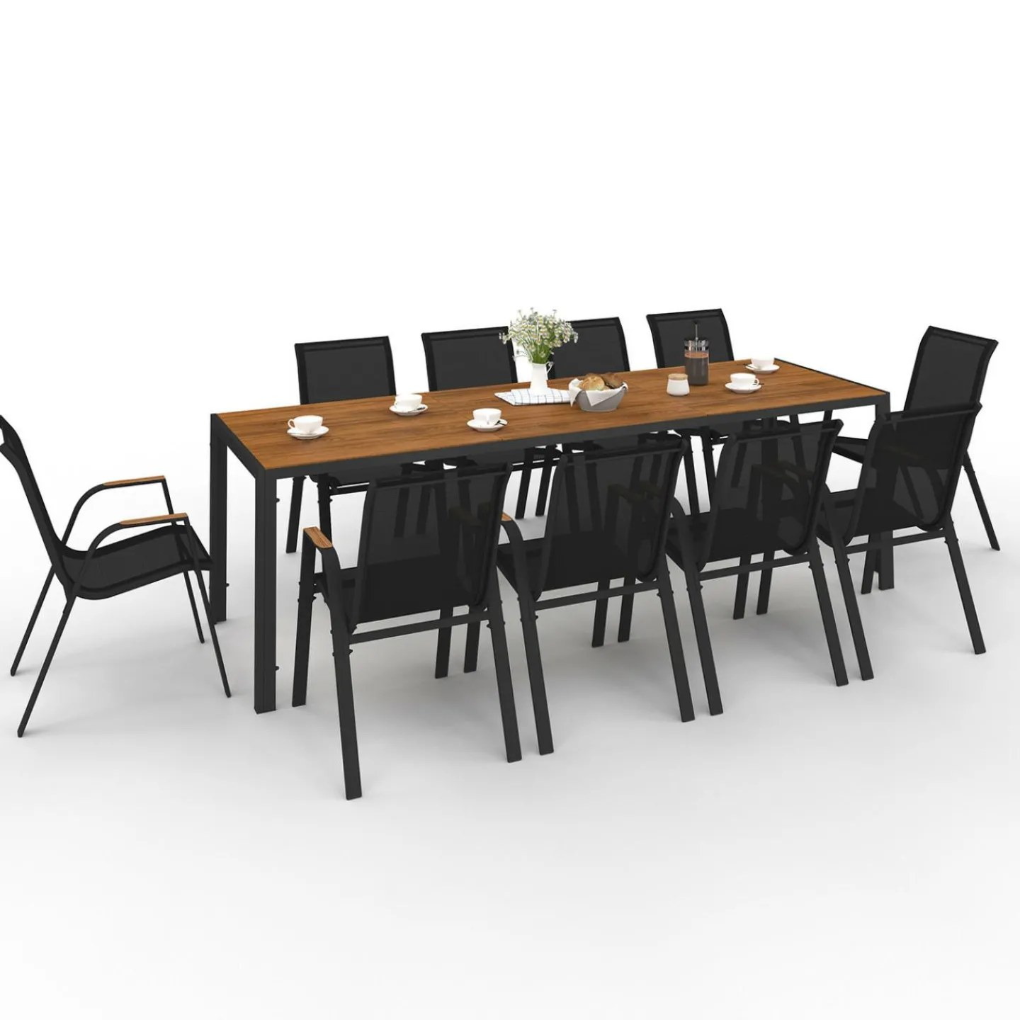 Salon de jardin noir et bois table de jardin 240 cm avec 10 chaises empilables*IDMarket New