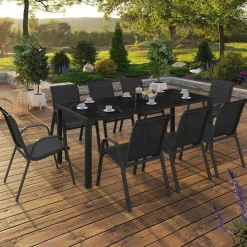 Salon de jardin noir table 190 cm et 8 chaises empilables*IDMarket Outlet