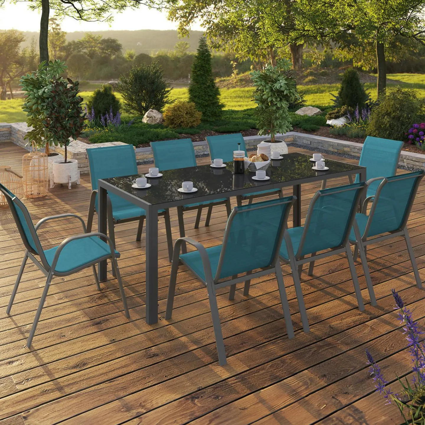Salon de jardin table 190 cm et 8 chaises empilables bleu canard*IDMarket Sale