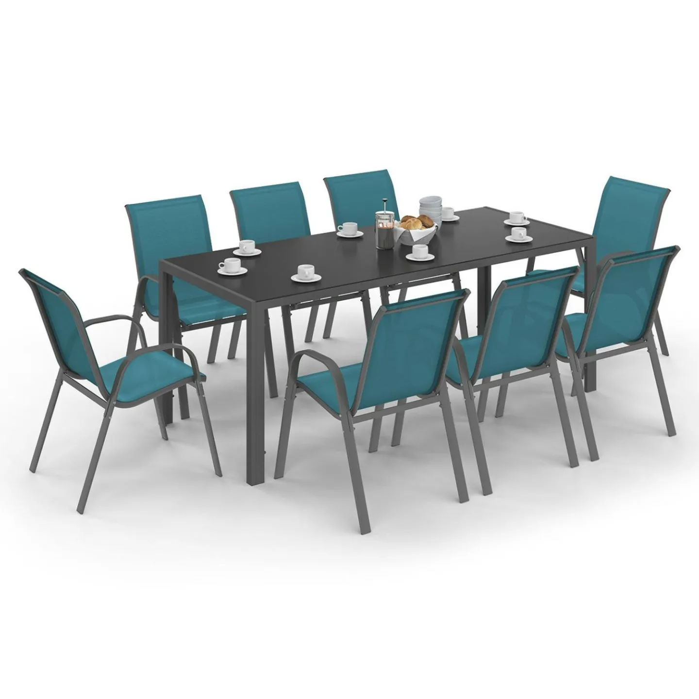 Salon de jardin table 190 cm et 8 chaises empilables bleu canard*IDMarket Sale
