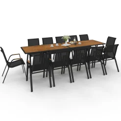 Salon de jardin table extensible avec plateau verre trempé effet bois et chaises empilables*IDMarket Outlet