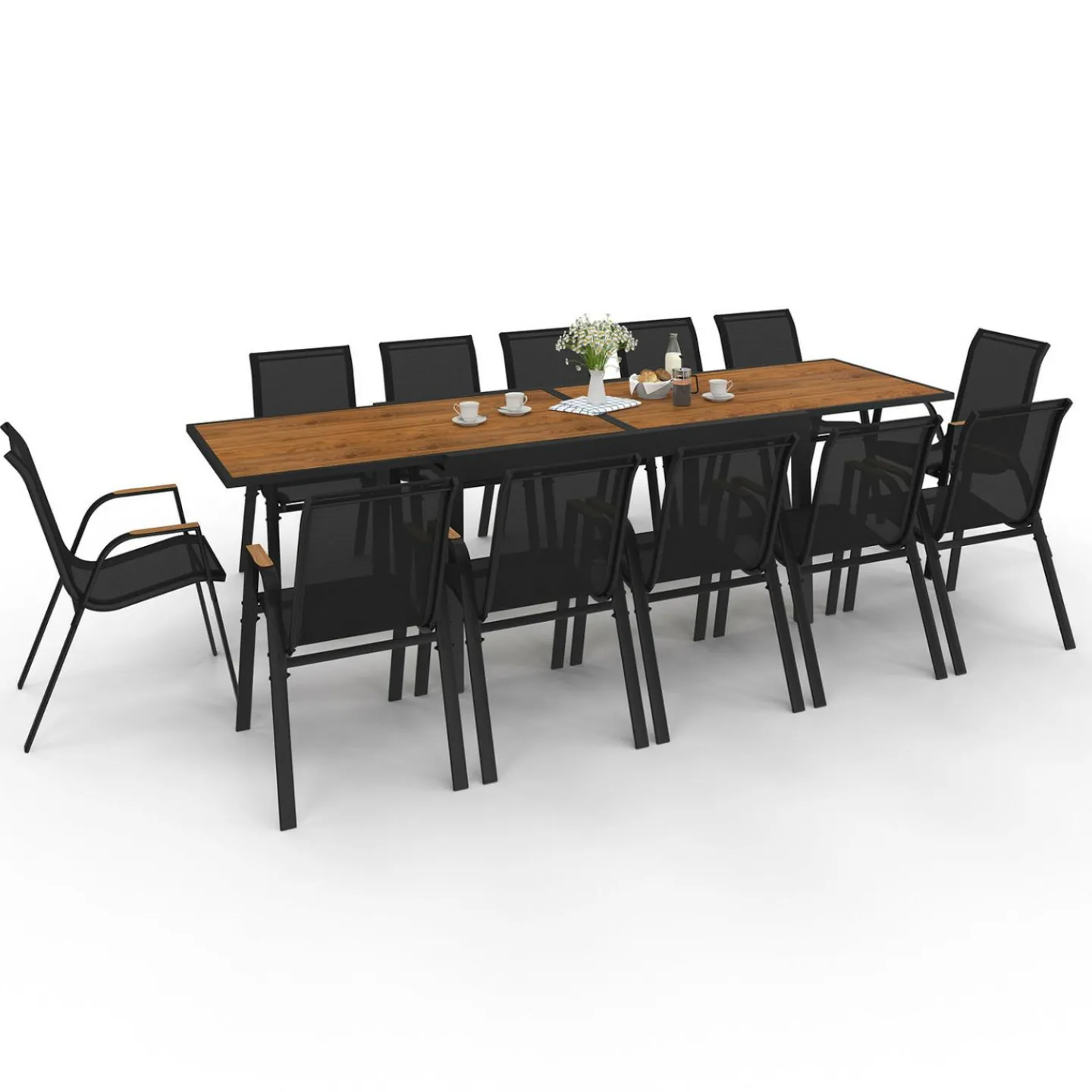 Salon de jardin table extensible avec plateau verre trempé effet bois et chaises empilables*IDMarket Outlet